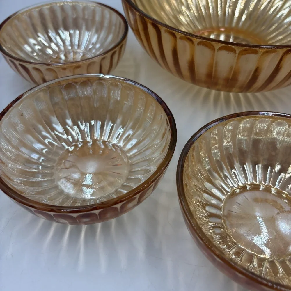 Gold Carnival Glass Salad Serving Bowl Set Ribbed‎ Art Deco 6 Piece Unmarked